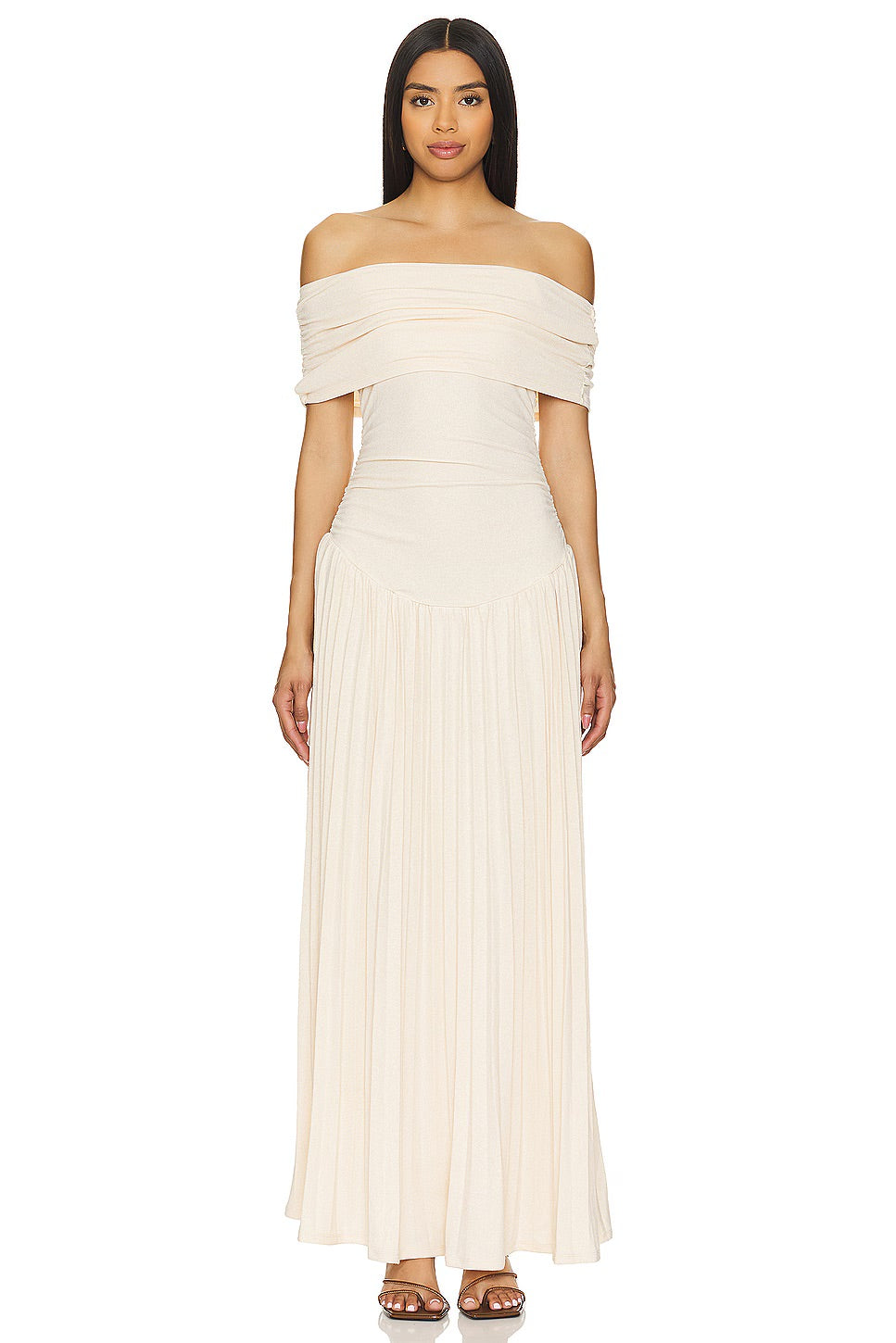 Maud - Elegante Bruiloft Gastenjurk Dames met Off-Shoulder en Geplooide Maxi Rok