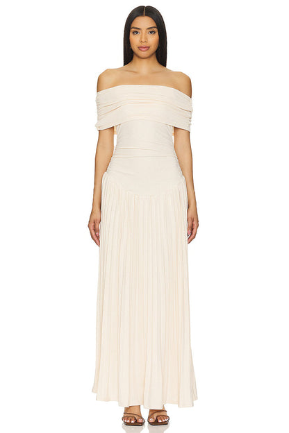 Maud - Elegante Bruiloft Gastenjurk Dames met Off-Shoulder en Geplooide Maxi Rok