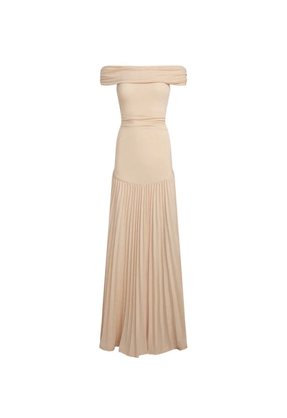 Maud - Elegante Bruiloft Gastenjurk Dames met Off-Shoulder en Geplooide Maxi Rok