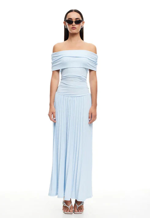 Maud - Elegante Bruiloft Gastenjurk Dames met Off-Shoulder en Geplooide Maxi Rok