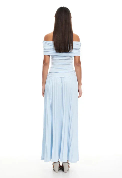 Maud - Elegante Bruiloft Gastenjurk Dames met Off-Shoulder en Geplooide Maxi Rok