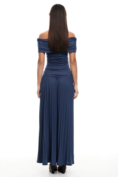 Maud - Elegante Bruiloft Gastenjurk Dames met Off-Shoulder en Geplooide Maxi Rok