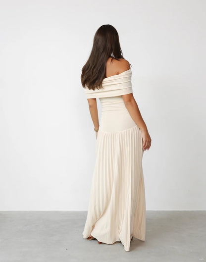 Maud - Elegante Bruiloft Gastenjurk Dames met Off-Shoulder en Geplooide Maxi Rok