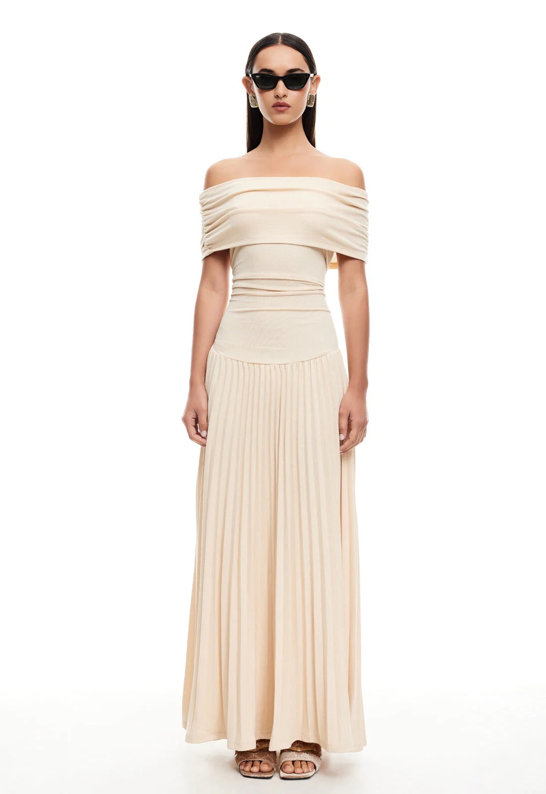 Maud - Elegante Bruiloft Gastenjurk Dames met Off-Shoulder en Geplooide Maxi Rok