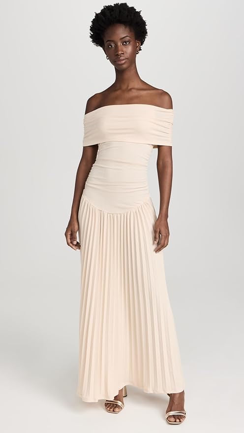 Maud - Elegante Bruiloft Gastenjurk Dames met Off-Shoulder en Geplooide Maxi Rok