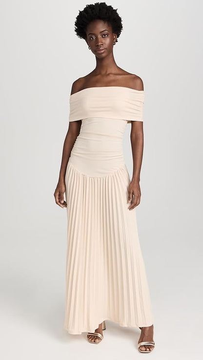 Maud - Elegante Bruiloft Gastenjurk Dames met Off-Shoulder en Geplooide Maxi Rok