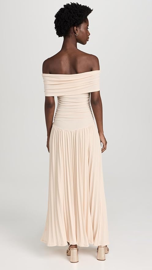 Maud - Elegante Bruiloft Gastenjurk Dames met Off-Shoulder en Geplooide Maxi Rok