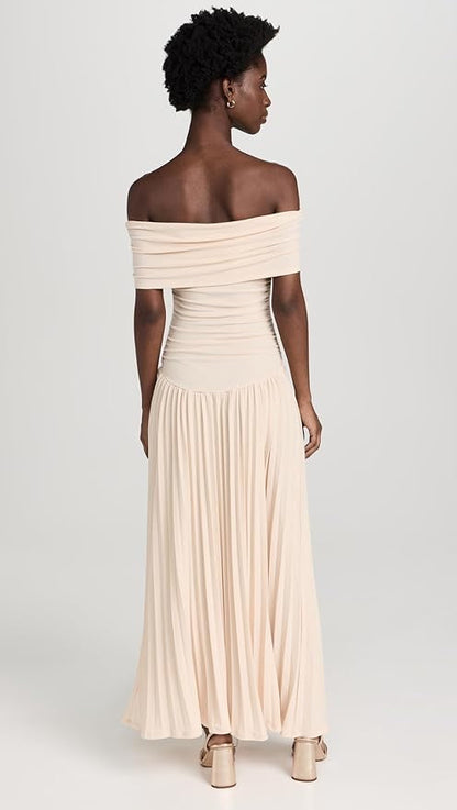 Maud - Elegante Bruiloft Gastenjurk Dames met Off-Shoulder en Geplooide Maxi Rok