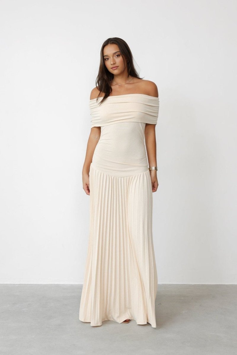 Maud - Elegante Jurk Bruiloft Gast Dames met Off-Shoulder en Geplooide Maxi Rok