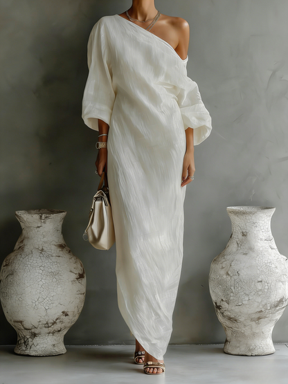 Maud - Elegante Linnen Maxi Jurk Dames met One-shoulder en Wijde Mouwen