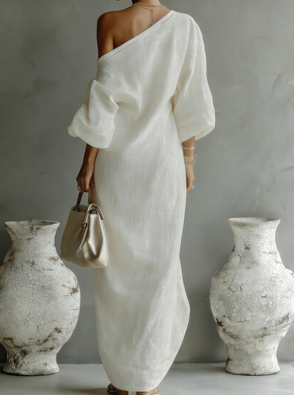 Maud - Elegante Linnen Maxi Jurk Dames met One-shoulder en Wijde Mouwen