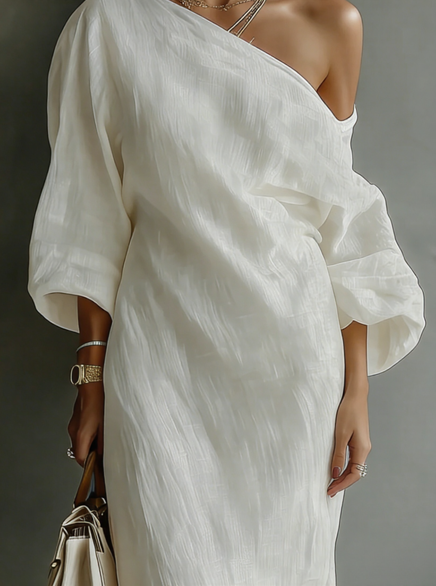 Maud - Elegante Linnen Maxi Jurk Dames met One-shoulder en Wijde Mouwen