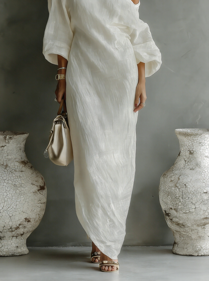 Maud - Elegante Linnen Maxi Jurk Dames met One-shoulder en Wijde Mouwen