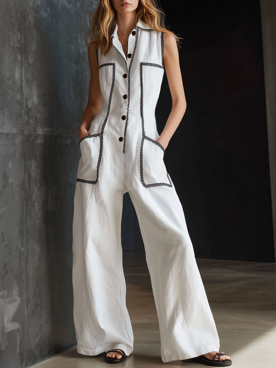 Maud - Stijlvolle Linnen Jumpsuit Set Dames met Knopen en Wijde Pijpen
