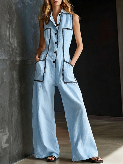 Maud - Stijlvolle Linnen Jumpsuit Set Dames met Knopen en Wijde Pijpen