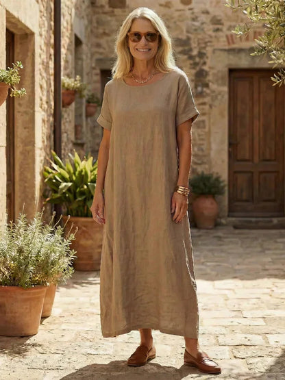 Maud - Vintage Linnen Jurk Dames met Ronde Hals en Korte Mouwen