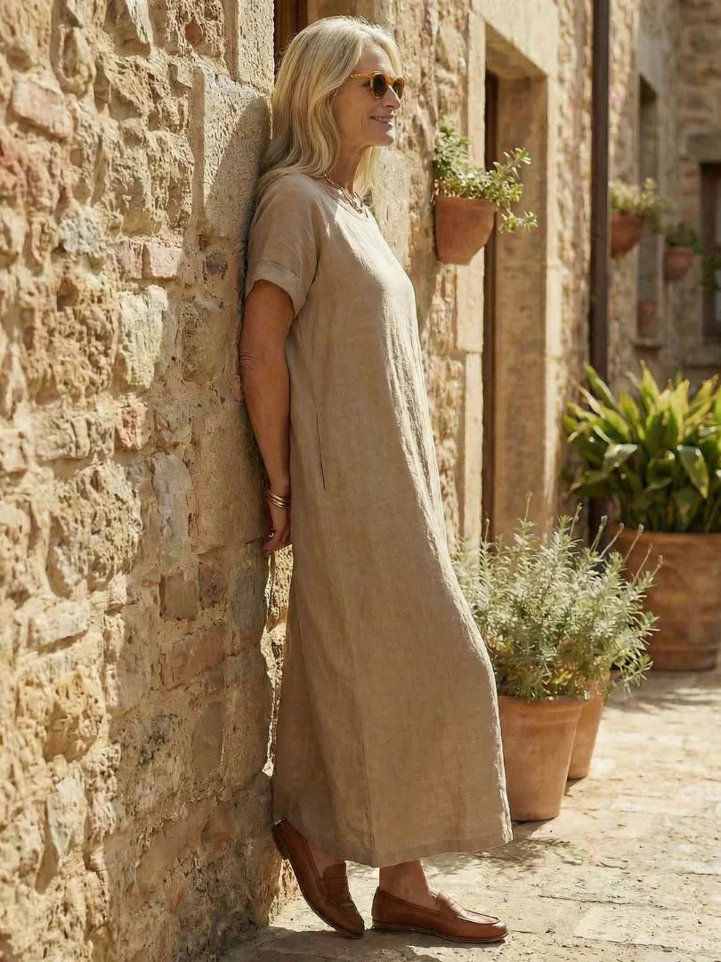 Maud - Vintage Linnen Jurk Dames met Ronde Hals en Korte Mouwen
