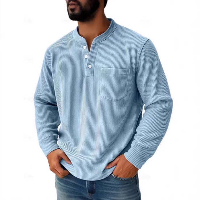Max - Heren Henley Shirt Lange Mouw Corduroy Stijl met Opgestikte Borstzak