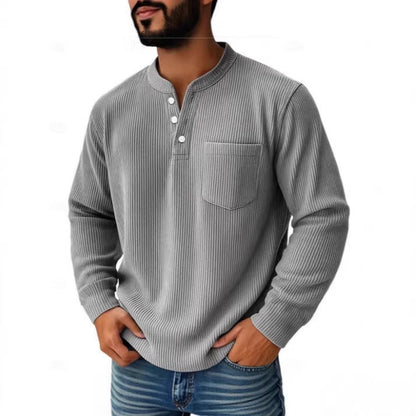 Max - Heren Henley Shirt Lange Mouw Corduroy Stijl met Opgestikte Borstzak