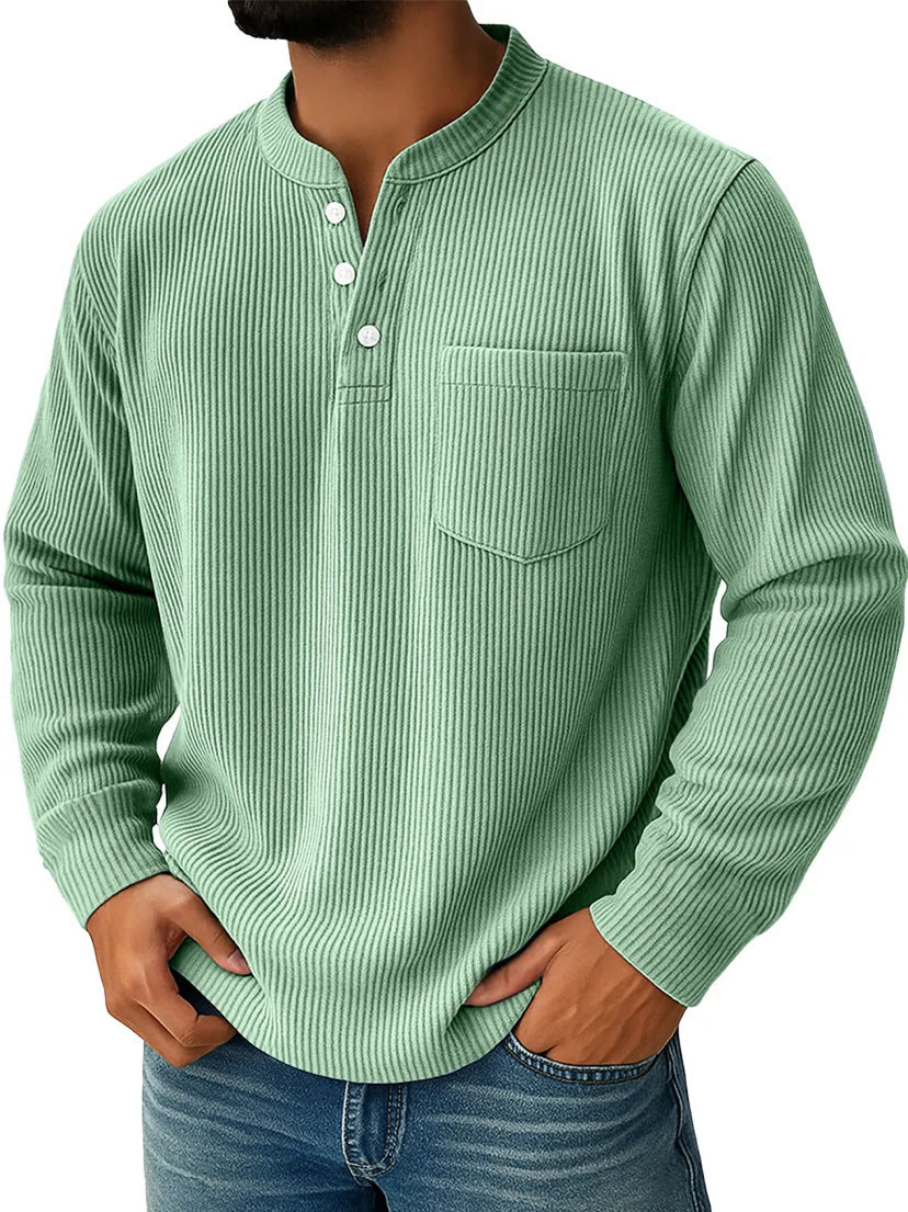 Max - Heren Henley Shirt Lange Mouw Corduroy Stijl met Opgestikte Borstzak