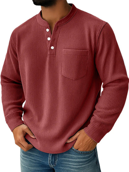 Max - Heren Henley Shirt Lange Mouw Corduroy Stijl met Opgestikte Borstzak