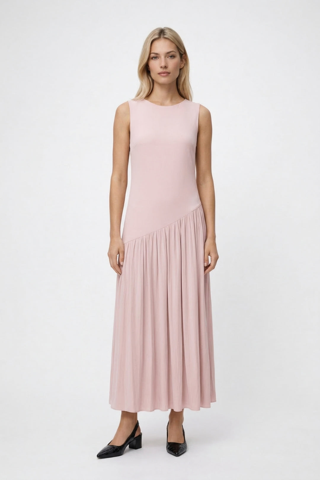 Maxi Jurk Dames - Mouwloos met Asymmetrische Geplooide Rok