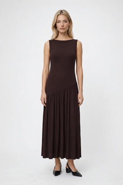 Maxi Jurk Dames - Mouwloos met Asymmetrische Geplooide Rok