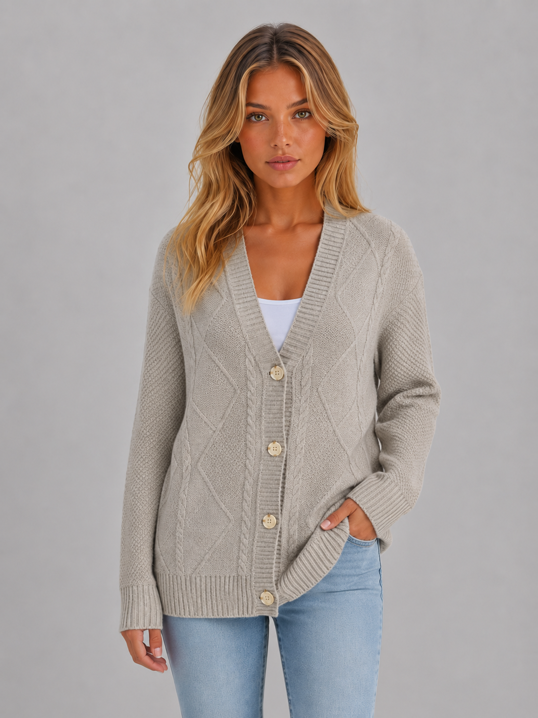 Merel - Dames Vest Kabelgebreid met Knoopsluiting en Diepe V-hals