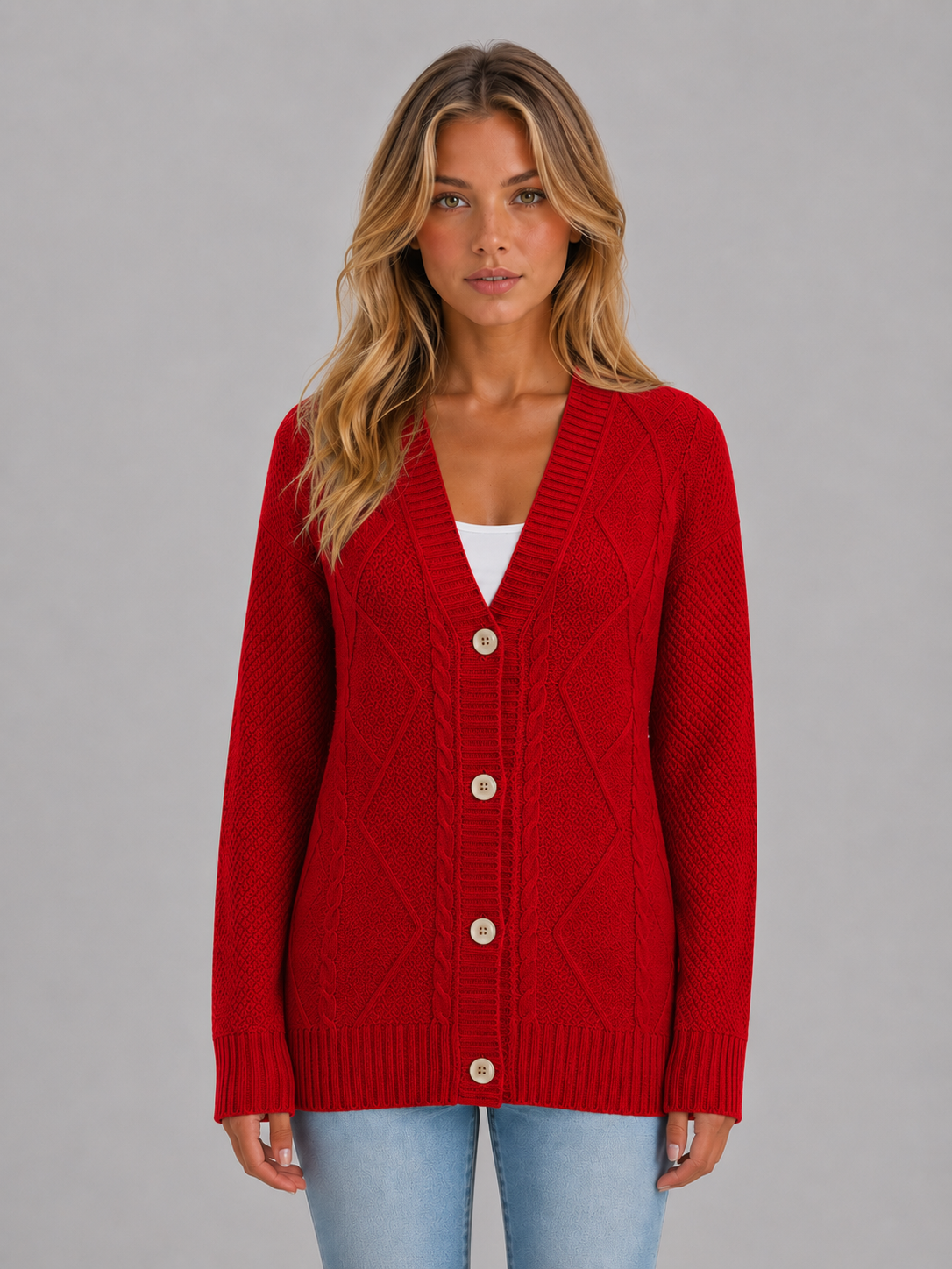 Merel - Dames Vest Kabelgebreid met Knoopsluiting en Diepe V-hals