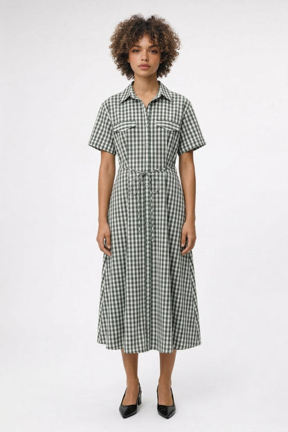 Midi Jurk Dames - Geruit Overhemd Strikceintuur en Revers | Zomer