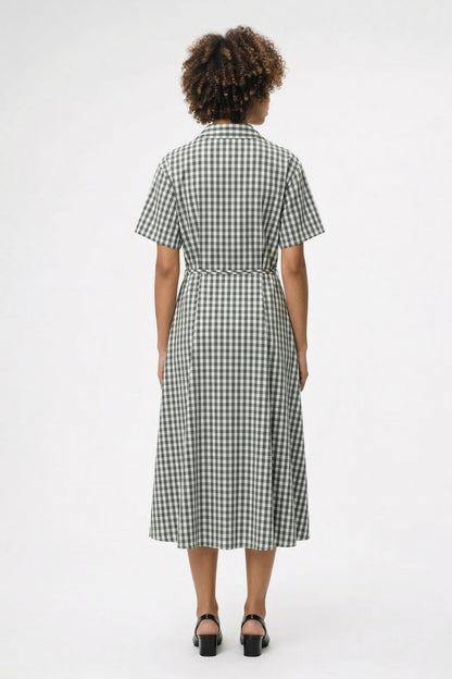 Midi Jurk Dames - Geruit Overhemd Strikceintuur en Revers | Zomer
