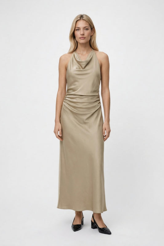 Midi Jurk Dames - Glanzend Halter met Draperie en Fronces