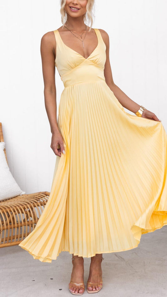 Maxi Jurk Dames - Diepe V-hals met Geplisseerde Rok | Elegant