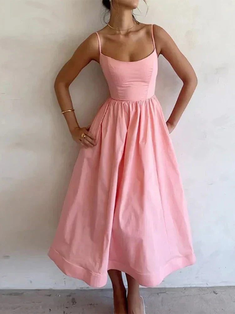Midi Jurk Dames - Spaghettibandjes met Wijde A-lijn Rok | Elegant