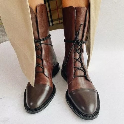 Mila - Dames Enkellaarzen Vintage Stijl met Veters en Stevige Profielzool