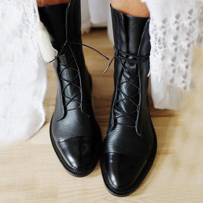 Mila - Dames Enkellaarzen Vintage Stijl met Veters en Stevige Profielzool