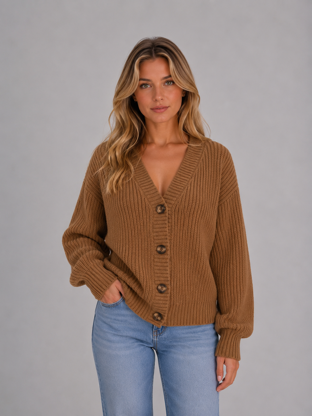 Mila - Dames Vest Grof Gebreid met Knoopsluiting V-hals en Ballonmouwen