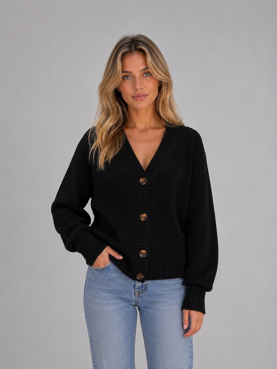 Mila - Dames Vest Grof Gebreid met Knoopsluiting V-hals en Ballonmouwen