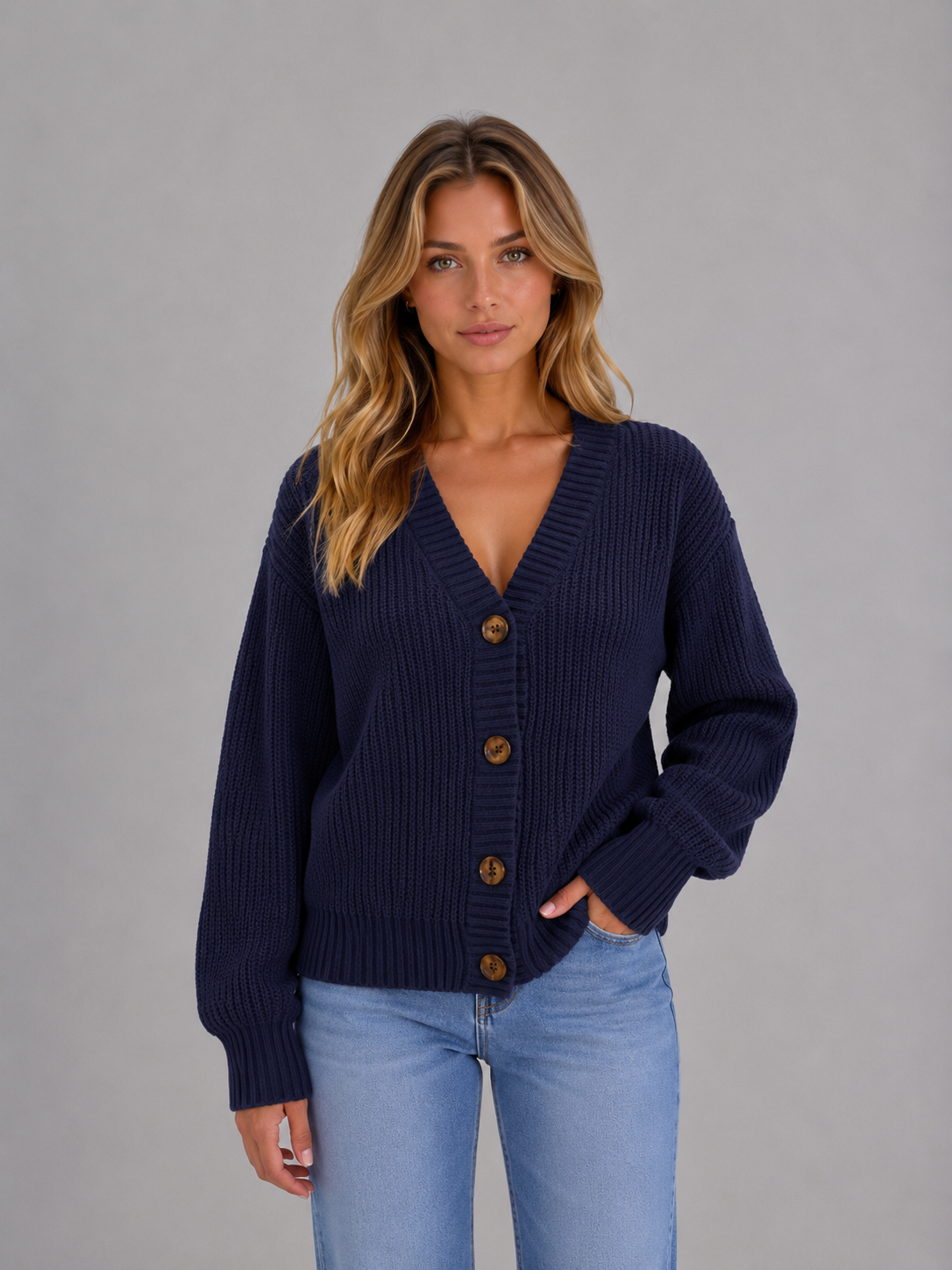 Mila - Dames Vest Grof Gebreid met Knoopsluiting V-hals en Ballonmouwen