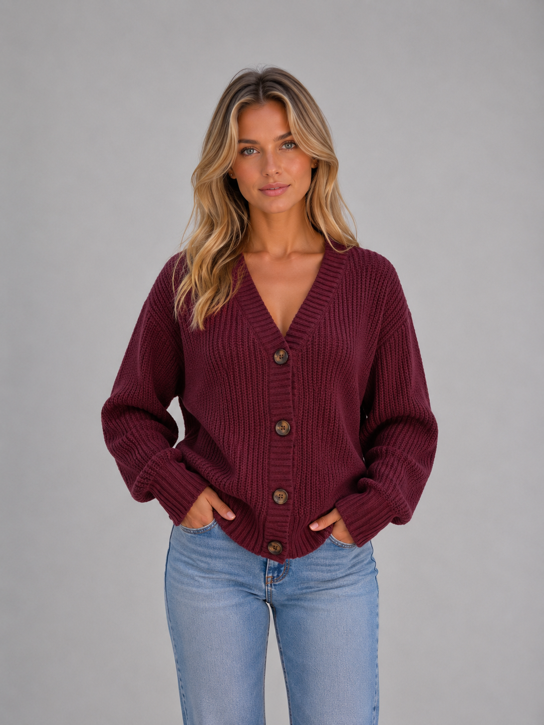 Mila - Dames Vest Grof Gebreid met Knoopsluiting V-hals en Ballonmouwen