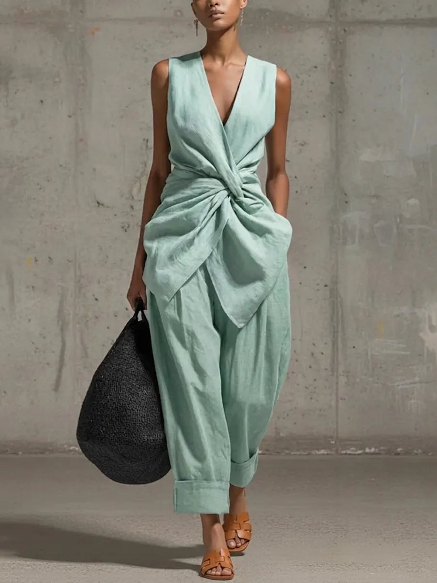 Mila - Elegante Linnen Jumpsuitset Dames met Knoopdetail en Diepe V-hals