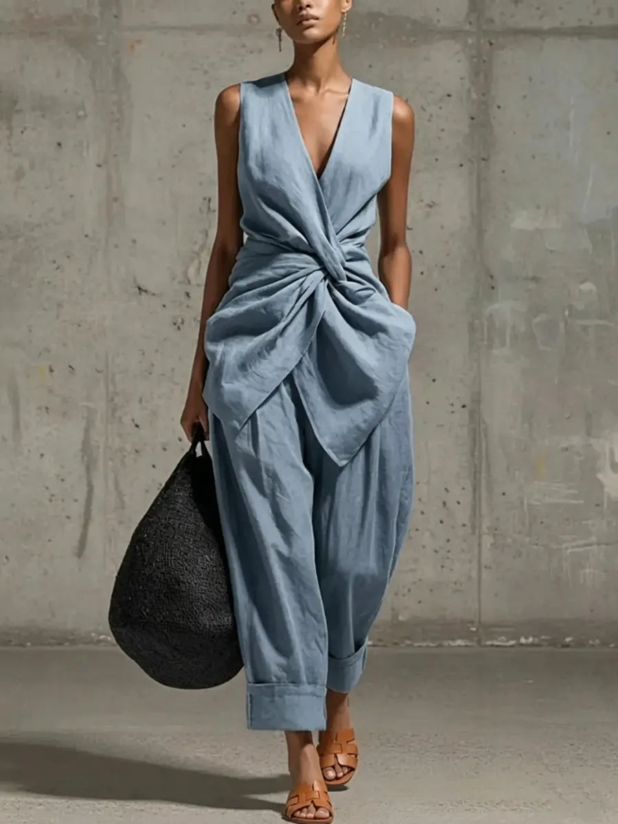 Mila - Elegante Linnen Jumpsuitset Dames met Knoopdetail en Diepe V-hals