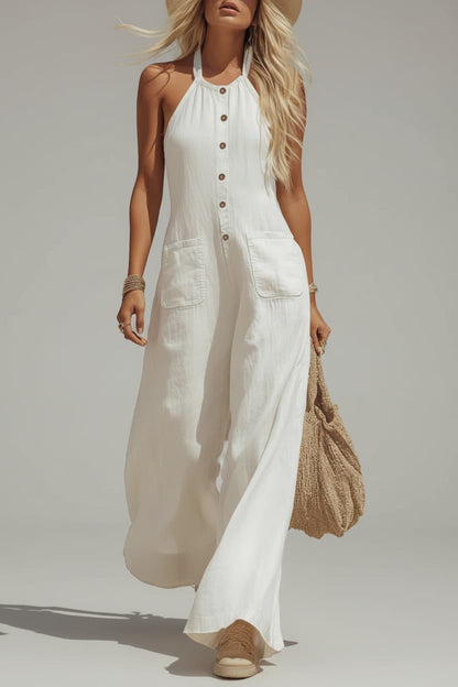 Mila - Vintage Wijde Linnen Jumpsuit Dames met Halterhals en Zakken