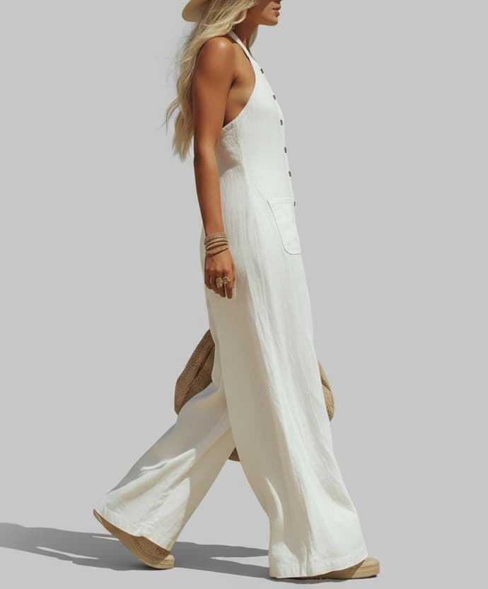 Mila - Vintage Wijde Linnen Jumpsuit Dames met Halterhals en Zakken