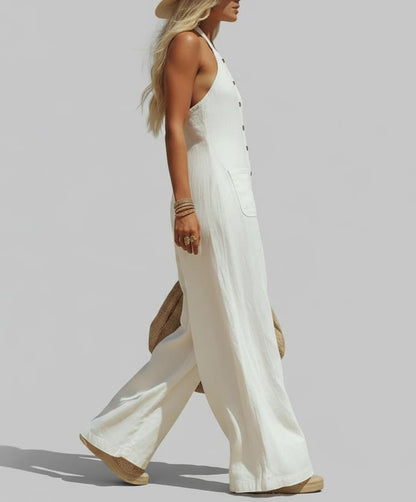 Mila - Vintage Wijde Linnen Jumpsuit Dames met Halterhals en Zakken