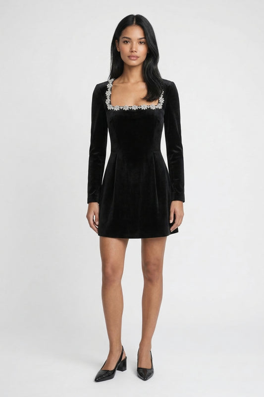 Mini Jurk Dames - A-lijn Silhouet met Kristallen Halsdetail | Elegant