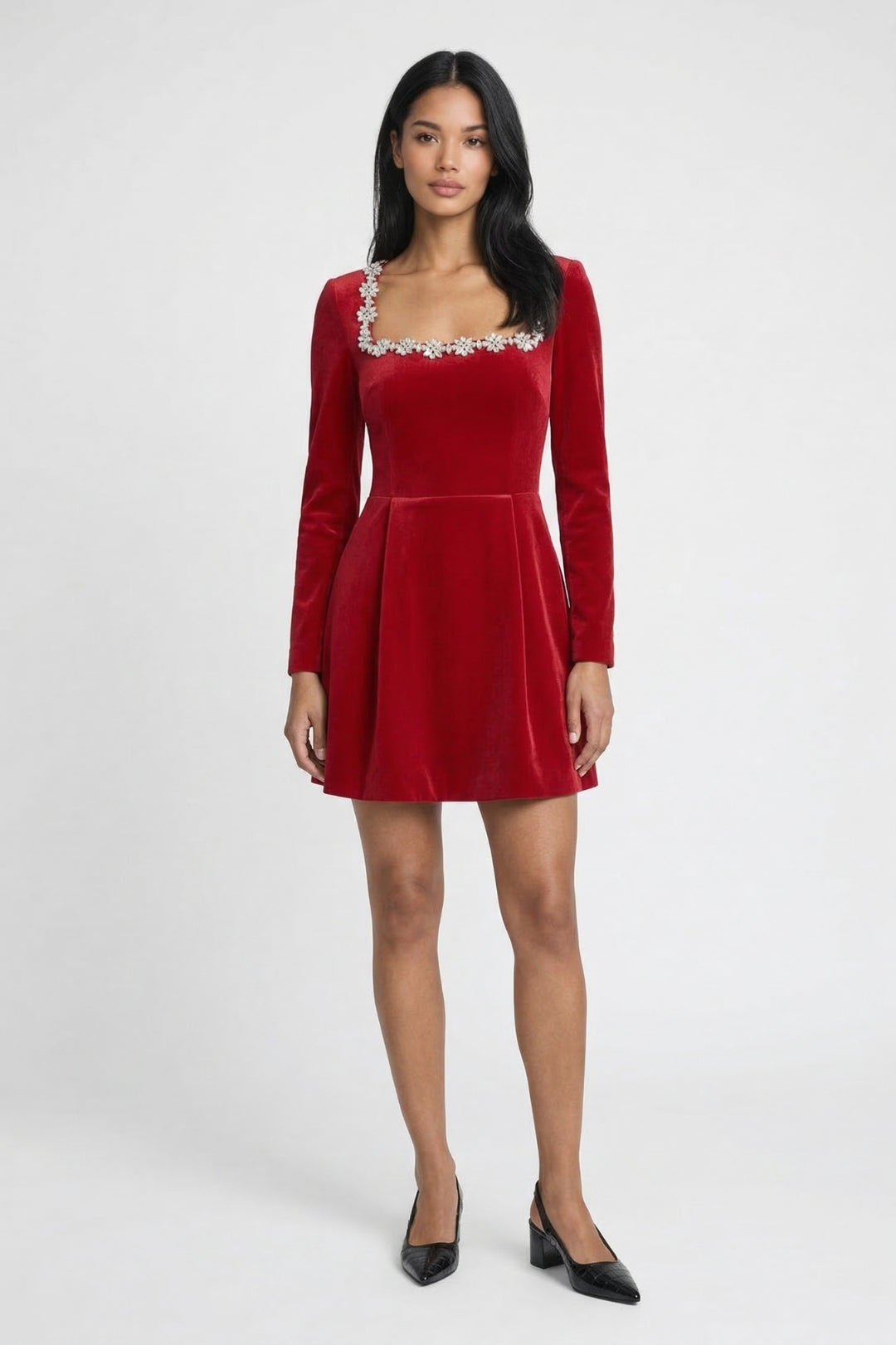 Mini Jurk Dames - A-lijn Silhouet met Kristallen Halsdetail | Elegant