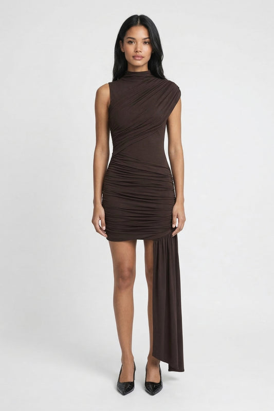 Mini Jurk Dames - Hoge Hals Diagonale Fronces Asymmetrisch