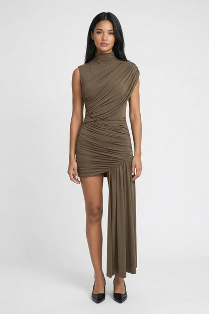 Mini Jurk Dames - Hoge Hals Diagonale Fronces Asymmetrisch