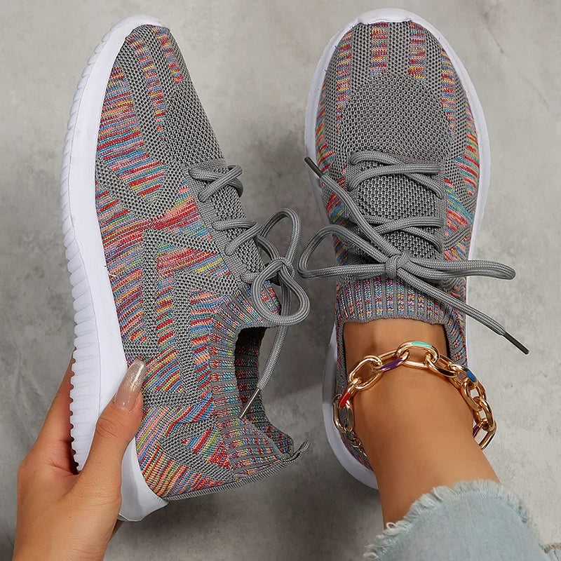 Sneakers Dames - Multicolor Gebreid met Veters | Lichtgewicht
